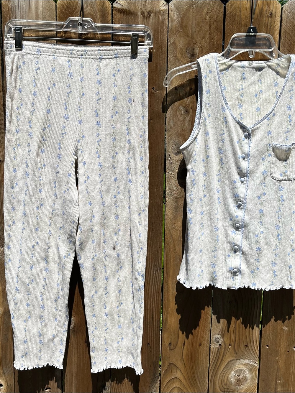 Vintage Cozy Two-Piece Ribbed Tank + Pants Set in Yellow and Light Blue Floral